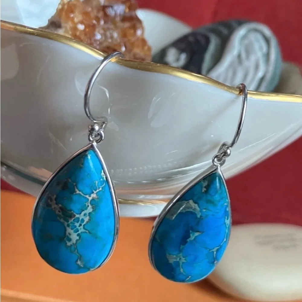 Lucas Lameth Turquoise Teardrop Earrings Set in Sterling Silver - Picture 2 of 4